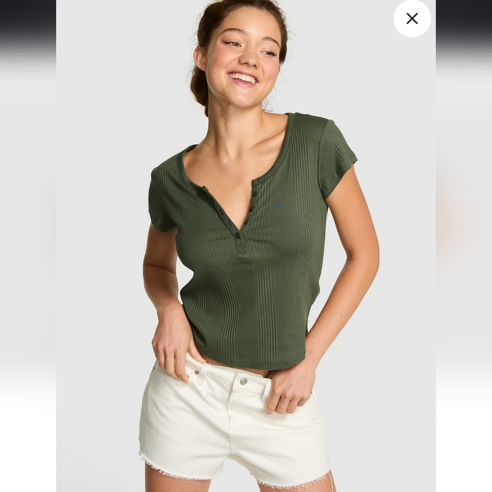 NWT PINK Victoria's Secret Dark Green Ribbed Short Sleeve Henley Tee